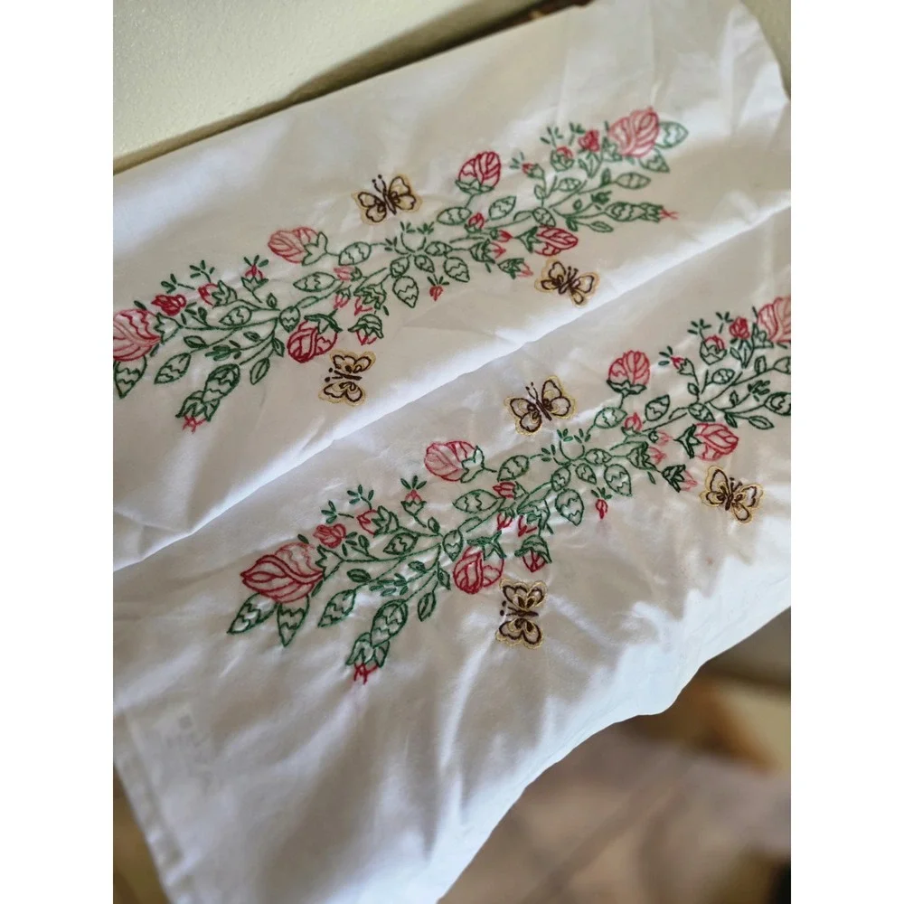 Vintage Embroidered Pillowcases Red Rose Cottagecore Pair Set Light Stain